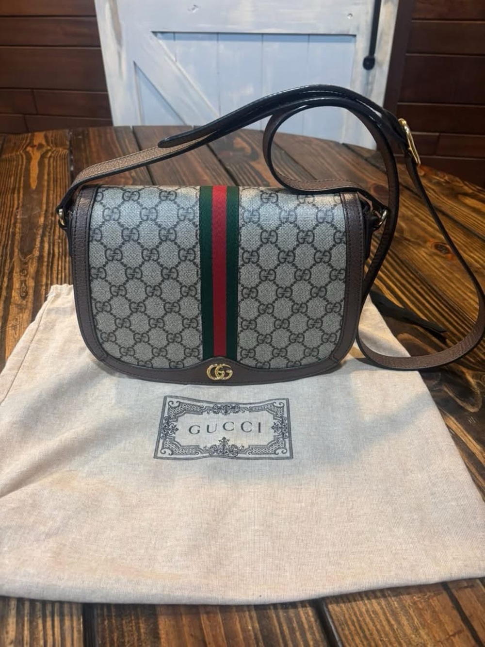 GG Supreme Monogram Web Small Ophidia Flap Messenger Bag Brown
